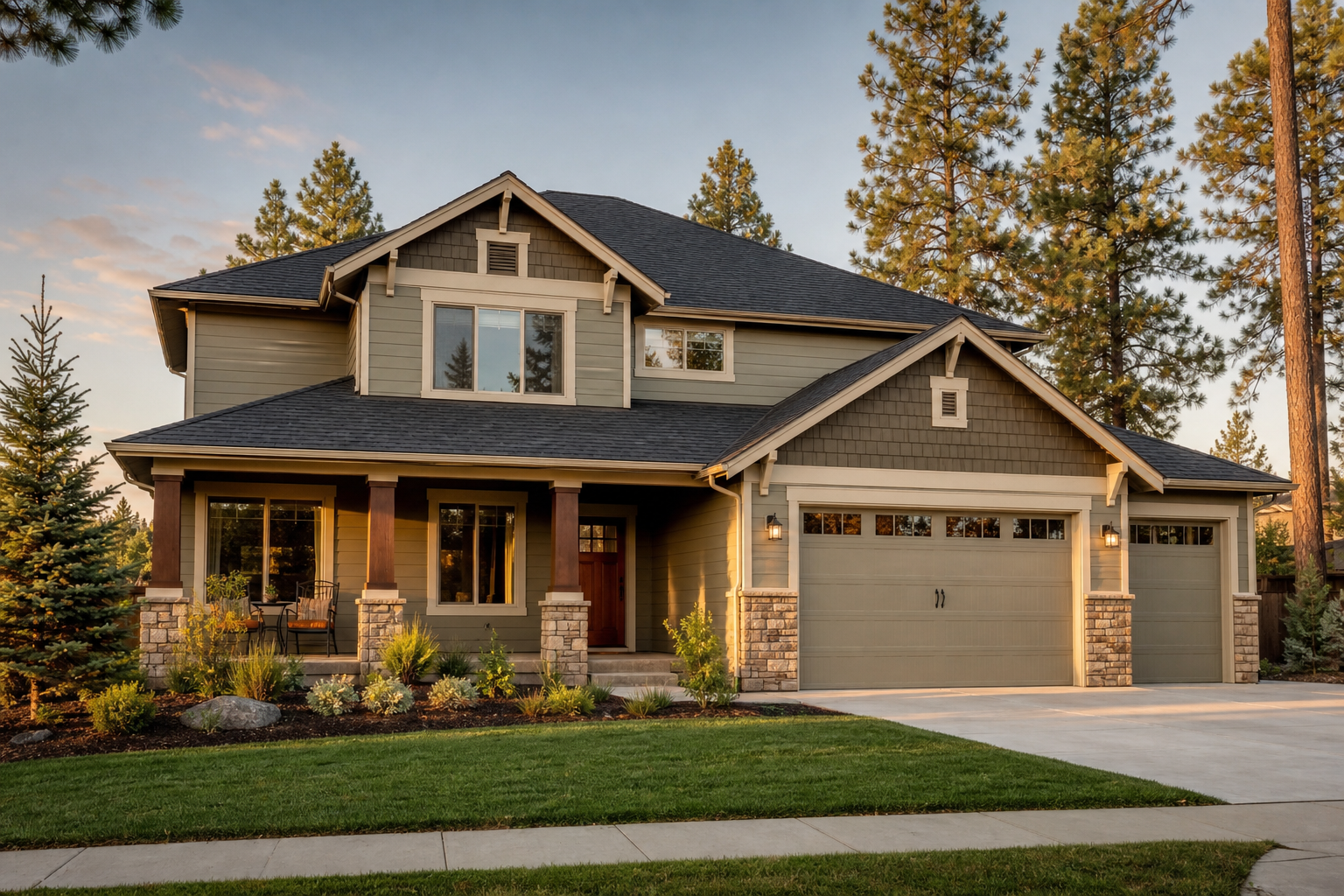 Completed craftsman home with a new charcoal shingle roof