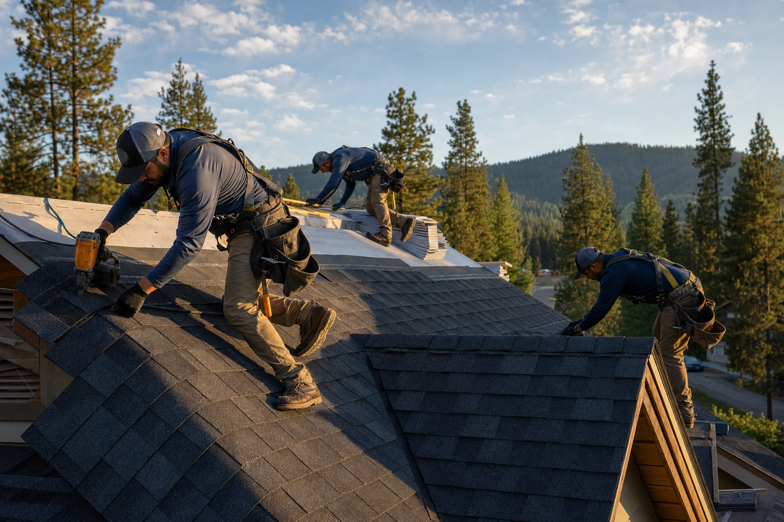 Bellevue roofing crew installing shingles on a home in a forested valley