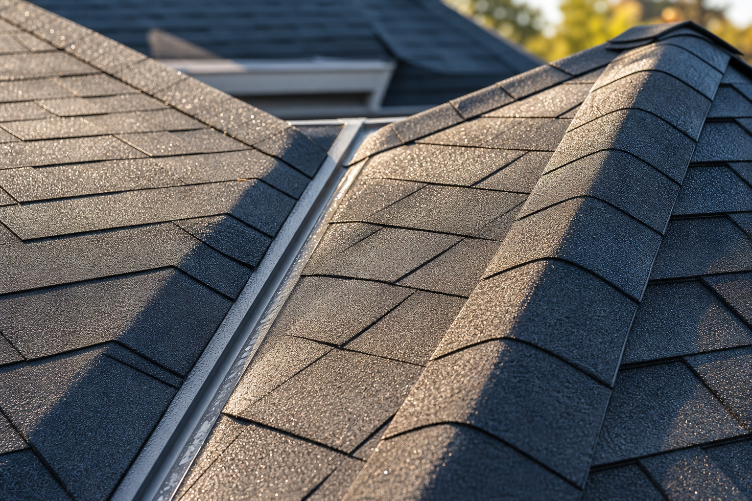 Freshly installed architectural shingles with crisp valley flashing