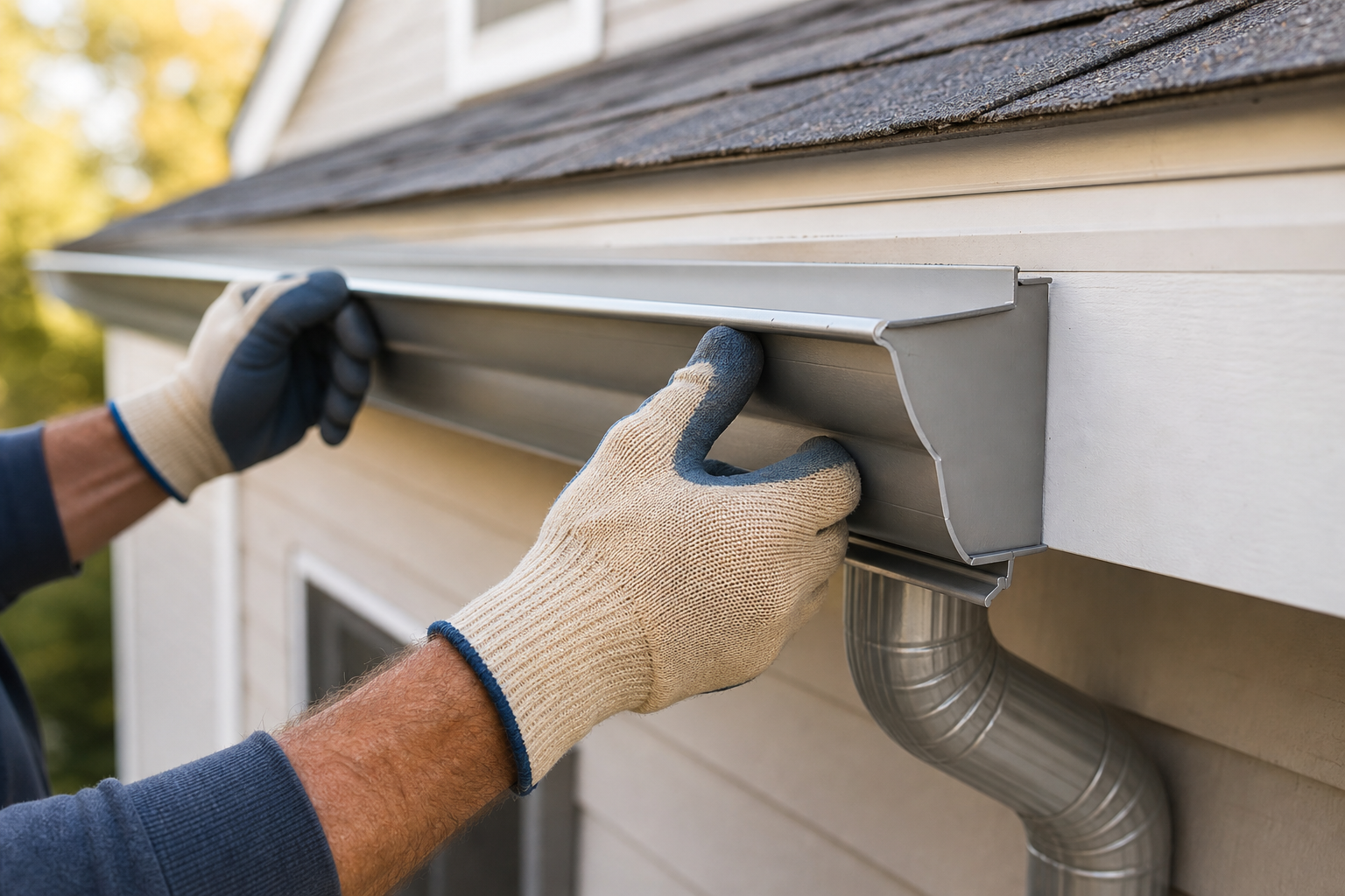 Roofer installing a seamless aluminum gutter along the eave