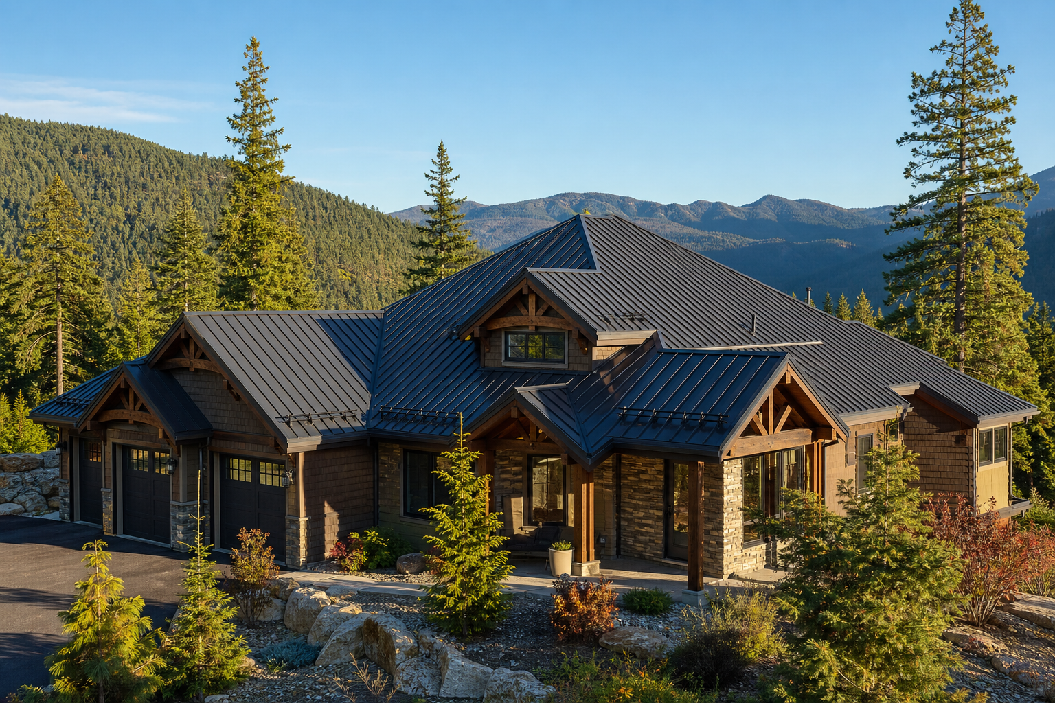 Home with a new charcoal standing-seam metal roof in the mountains